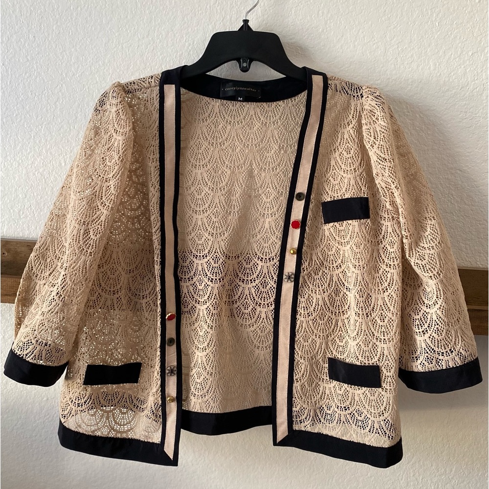 Corey Lynn Calter Beige Lace Openwork Jacket with Black Trim